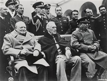 (BIG THREE--YALTA & TEHRAN CONFERENCES) Suite of 3 photographs depicting Winston Churchill, Josef Stalin, and Franklin D. Roosevelt at